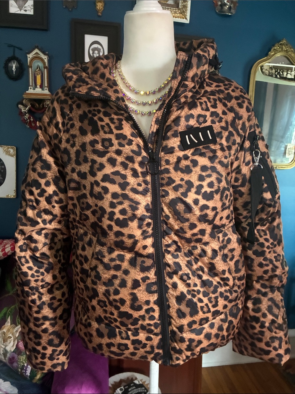 NVLT Leopard Print Down Feather Puffer Jacket Hooded Utility Size M